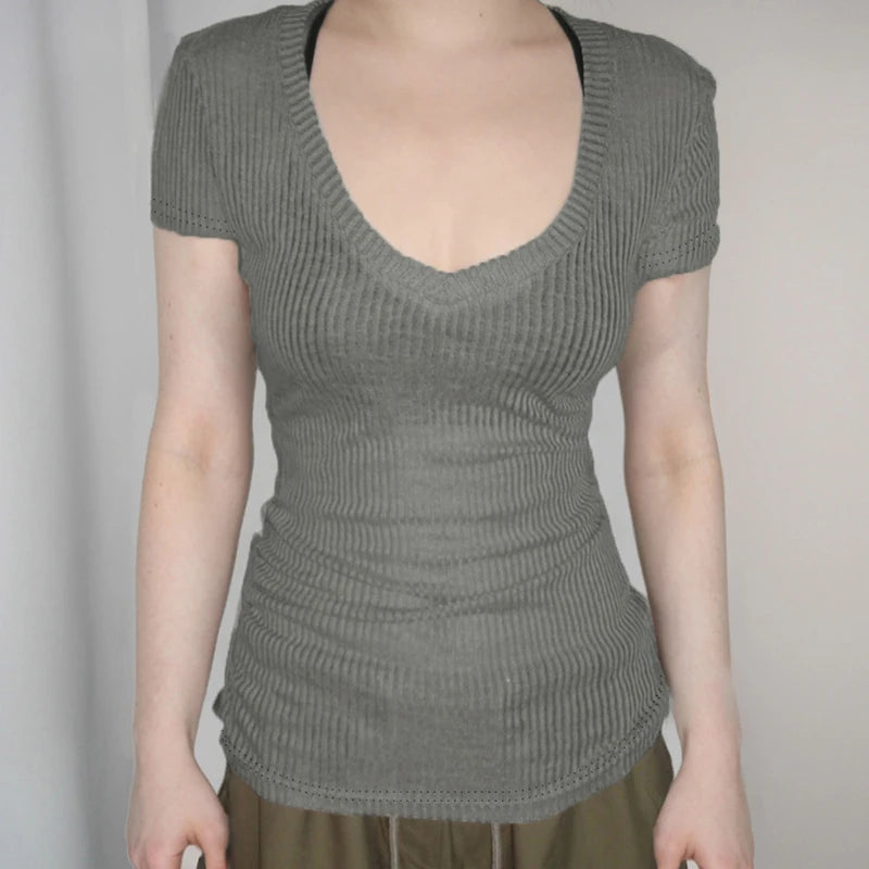 Hnewly Solid Slim-fitting Knitted Crop Top Micro-transparent T-shirt Smock Women Sexy Short Sleeve V-neck Tees Shirt Y2k Vintage