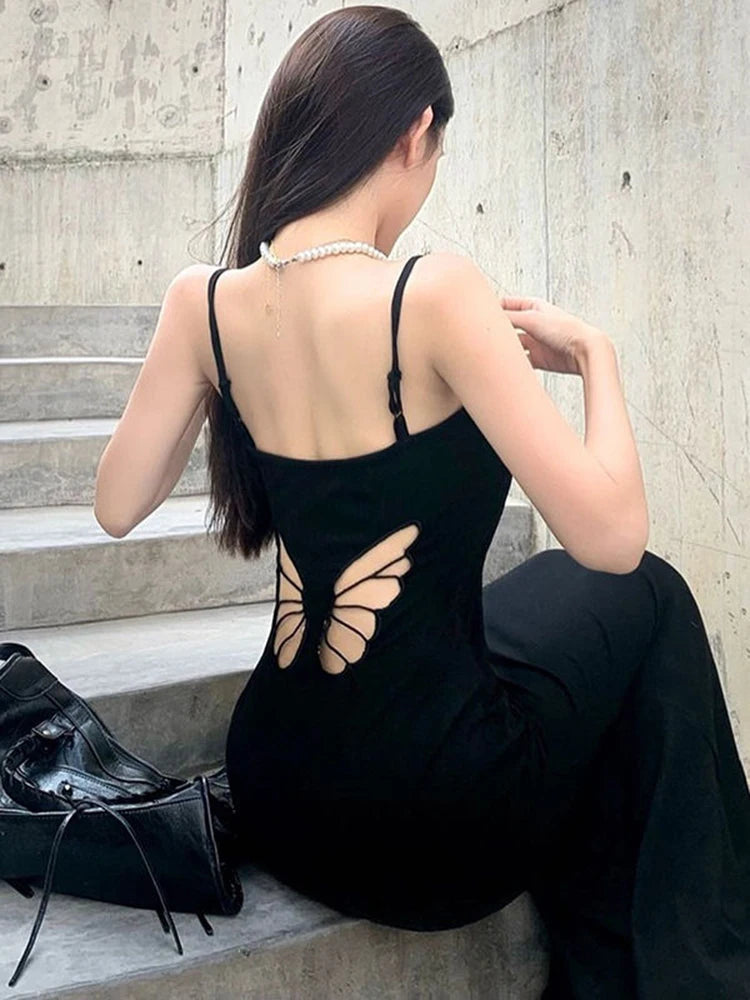Hnewly Sexy Hollow Butterfly Backless Dresses Women Y2K Summer Elegant Outfits Lady Red Maxi Dress Bodycon Birthday Party Club Sundress