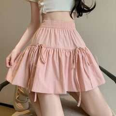 Hnewly  Sweet Bow Knot A-Line Short Skirt for Women Summer Thin Style High Waist Mini Skirt Woman Y2K Solid Color Fold Cake Skirt Female