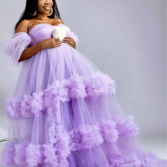 Hnewly  Latest Lilac Tulle Maternity Dresses with Ruffles Off Shoulder Pregnant Woman Photoshoot Robes Cusomized Ball Gown Party Dress