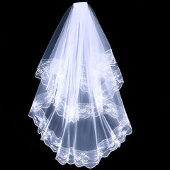 Hnewly 2 Tier Black White Flower Lace Edge Bridal Veils with Comb Elegant Vintage Wedding Cosplay Performance Hair Accessories