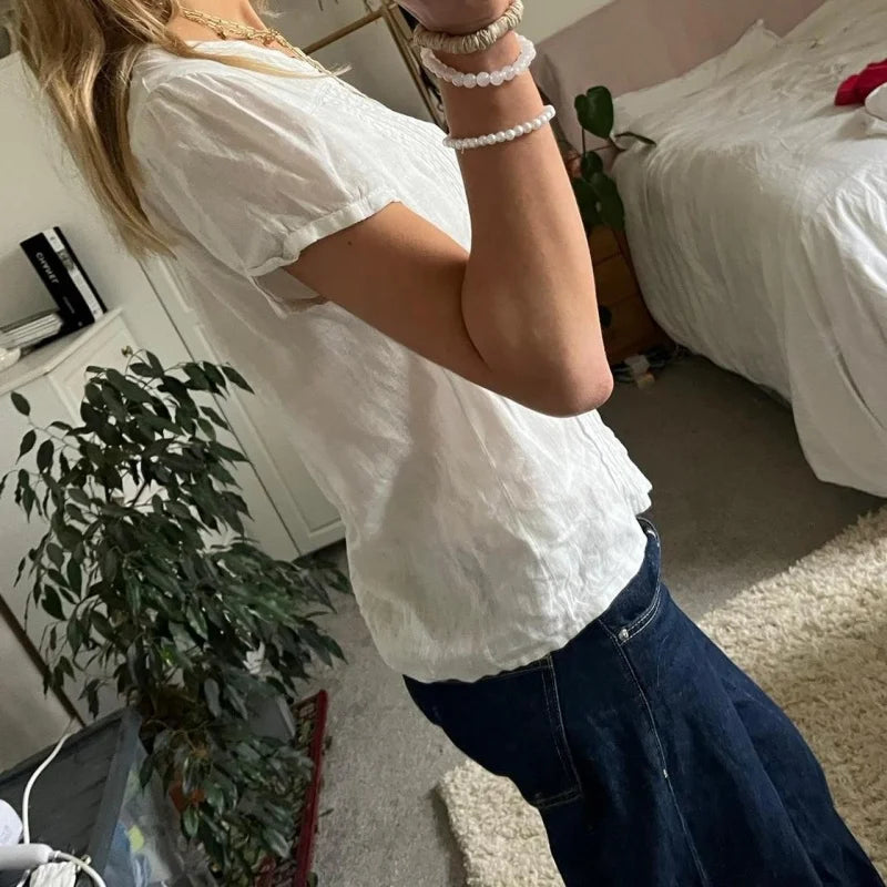 Hnewly y2k Shirt Top Women Fairycore Clothes White V Neck Short Sleeve Button Down Pleated Blouse 2000s Aesthetic Clothing﻿