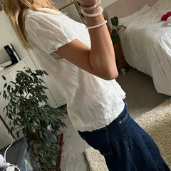 Hnewly y2k Shirt Top Women Fairycore Clothes White V Neck Short Sleeve Button Down Pleated Blouse 2000s Aesthetic Clothing﻿