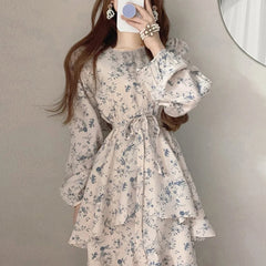 Hnewly  Bohemian Floral Print Dresses Women Fashion Korean Puff Sleeve Midi Dress Elegant Belted Layered Ruffled Hem Vestidos