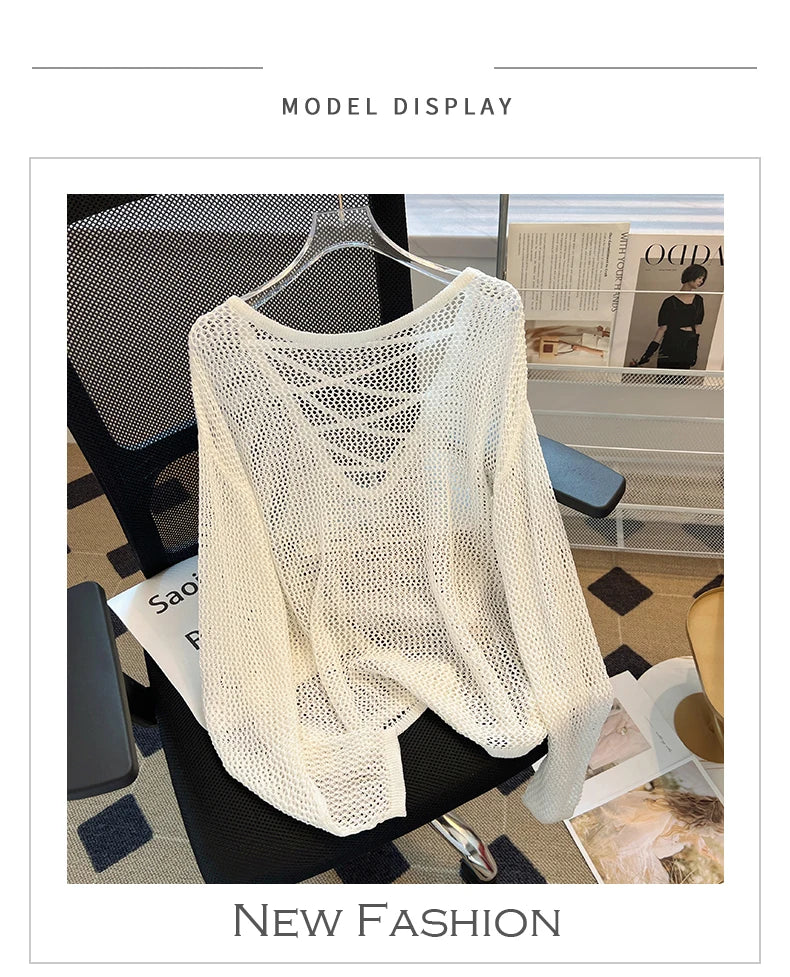 Hnewly Black White Striped Ice Silk Knitted Sweater Women Long Sleeved Loose Lazy Style Mesh Pullover Spicy Girl Hollow Out Top