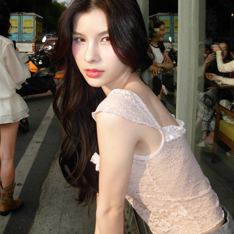 Hnewly Korean Women Off Shoulder Crop Tops Sexy Lace Ruffle Sleeveless Square Neck Vest 2025 Summer Fashion Halter Camisole