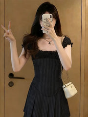 Hnewly  Retro Stripe Texture Splice Lace Trim Short Skirt Design High Waist Sexy Girl Outdoor Wear Strapless Dress Casual Spring