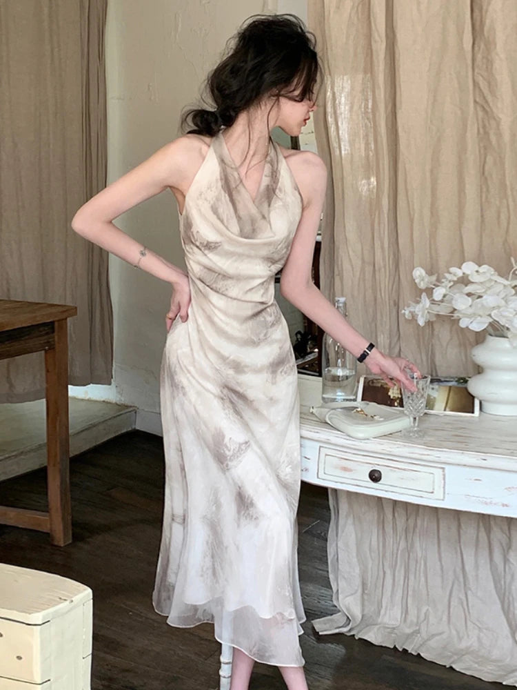 Hnewly Vintage Sexy Sleeveless Neck-mounted Party Maxi Dresses for Women Halter Spaghetti Strap Folds Midi Dress Elegant Fashion Summer