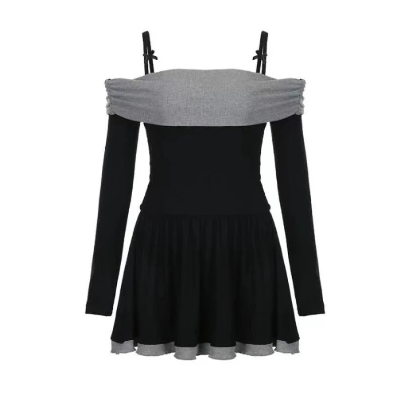 Hnewly Christmas Dress Women y2k Clothes Contrast Color Cold Shoulder Long Sleeve A Line Mini Dress Evening Party Dresses