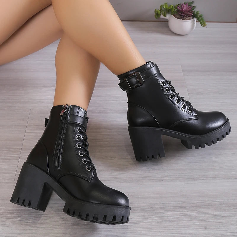 Hnewly  Winter New Fashion Comfortable Elegant Square with Women's Shoes Side Zipper Round Head Solid Color Simple Thick Heel Boots