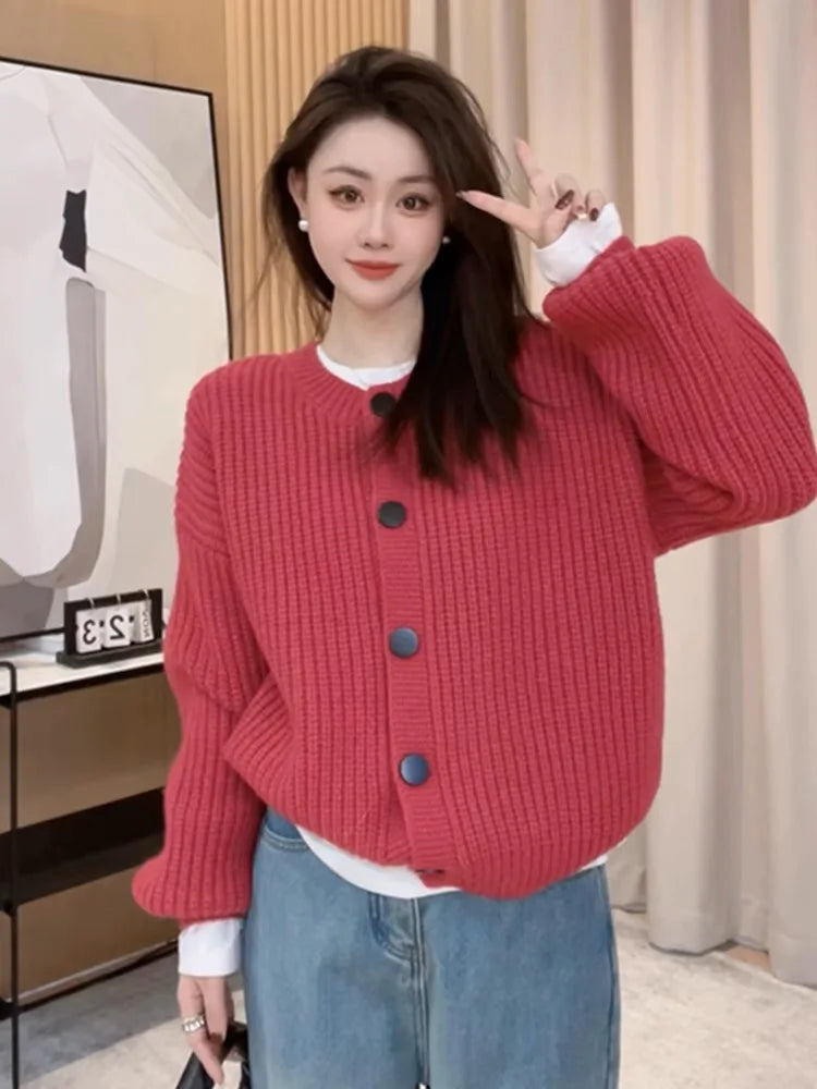Hnewly  Button Down Crew Neck Cardigan Sweater for Women Long Sleeve Cozy Plain Cardigan Soft Knitwear Autumn Winter Casual Chic Outfit
