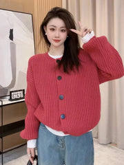 Hnewly  Button Down Crew Neck Cardigan Sweater for Women Long Sleeve Cozy Plain Cardigan Soft Knitwear Autumn Winter Casual Chic Outfit