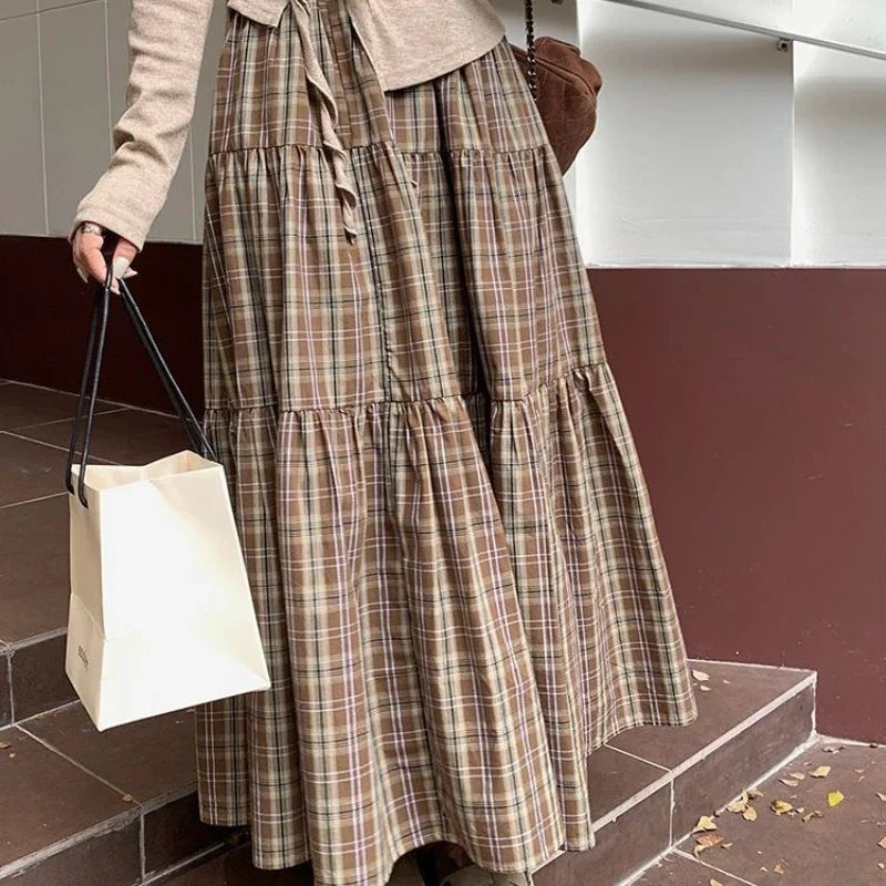 Hnewly Plaid Long Skirt Women Vintage Elegant Preppy Style Midi Skirts Harajuku Autumn Winter Casual Streetwear A-line Skirts