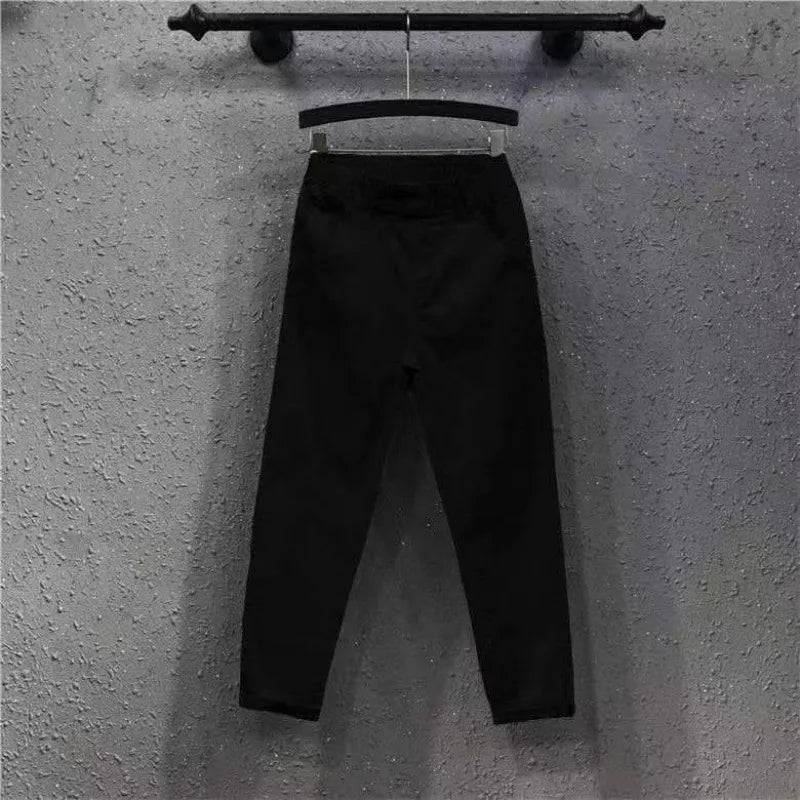Hnewly Solid Casual Jeans For Summer/Autumn 2025 New Loose Versatile Harlan Pants Fashion Elastic Waist Buttons  Ankle-Length Pants