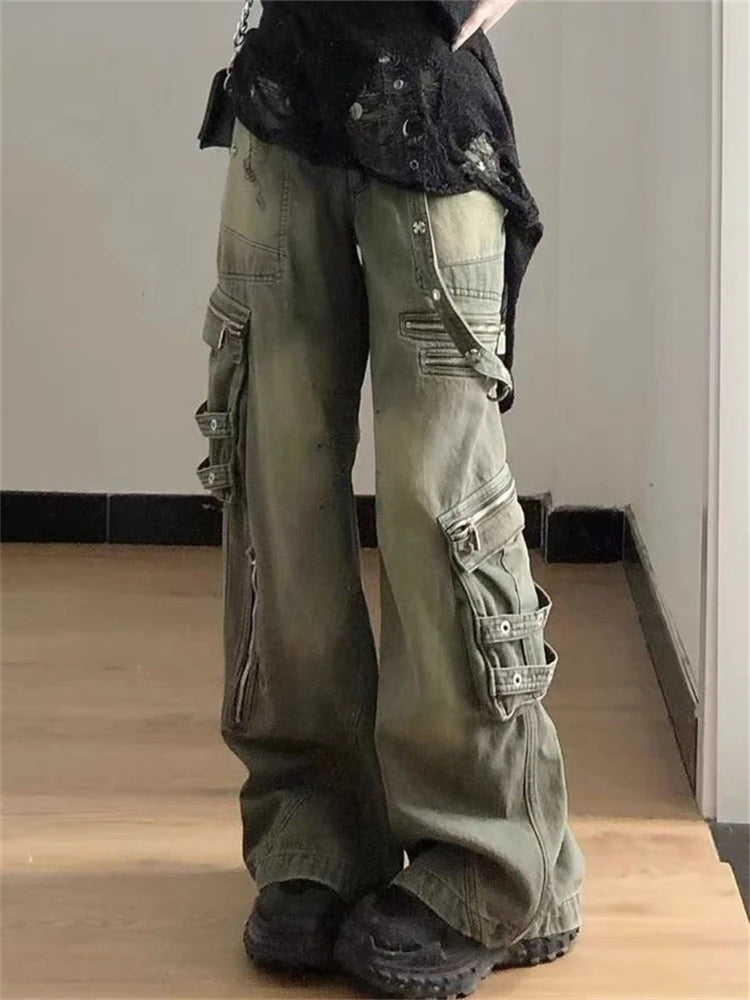 Hnewly Women's Multi Zipper Design Neutral Style Jeans American Vintage Casual Denim Trousers Female High Waist Straight Pants