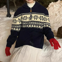 Hnewly  Fair Isle Sweater for Women Cozy Knitwear Polo Collar Quarter Zip Knitted Pullover Jumper Ladies Autumn Winter Vintage Outfit