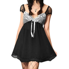 Hnewly Cute Lace Patchwork Kawaii Dress Chiffon Vintage Fairycore Grunge Clothes Y2K Aesthetic 2000s Mini A-line Outfits