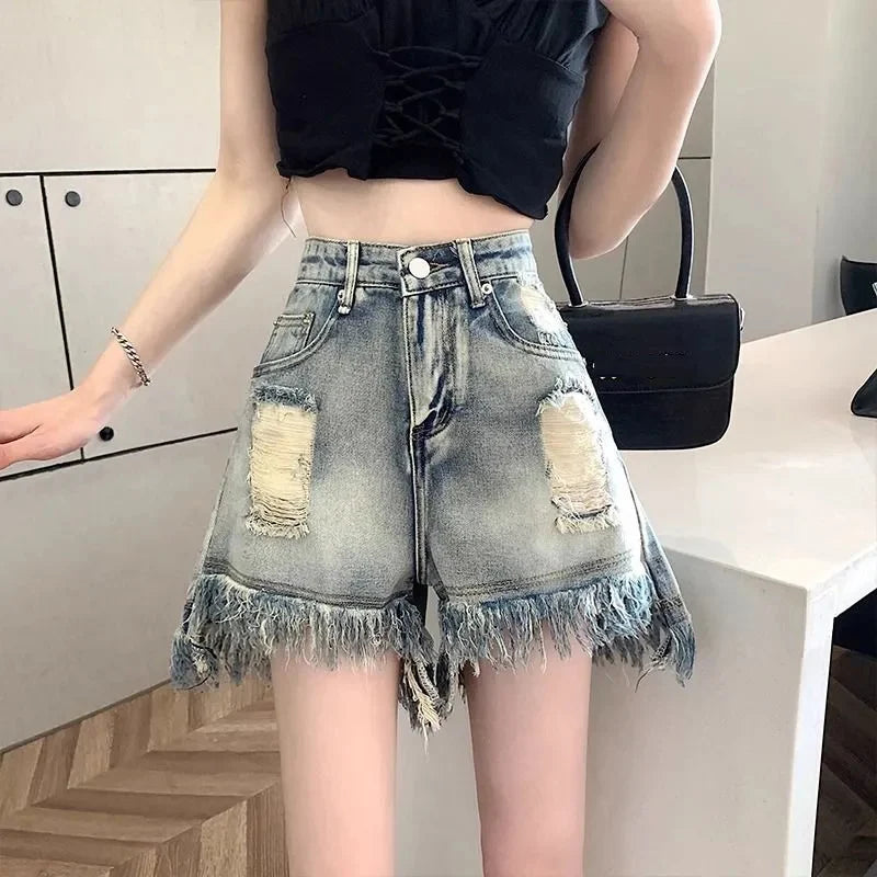 Hnewly  Korean Blue Ripped Denim Shorts Women Fashion Summer Tassel Straight Hot Shorts Woman A-Line All Match Short Jeans Female