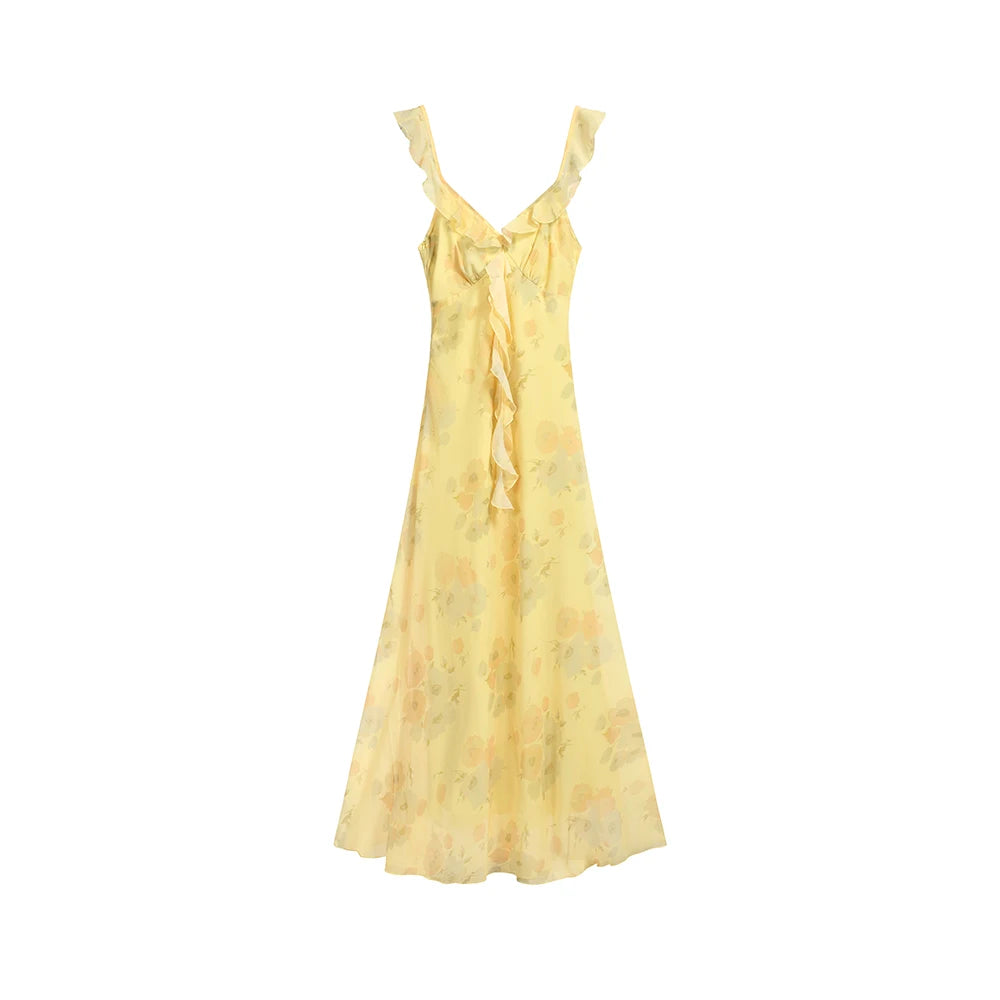 Hnewly French Women's Elegant Floral Printed Dress V-Neck Slim Fit Flying Sleeve Long Dresses Vacation Holiday Sexy Travel New Vestidos