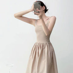 Hnewly  Temperament Apricot Suspender Dress Gentle Summer Vacation Style Waist Cinched Backless Big Swing A-line Long Skirt
