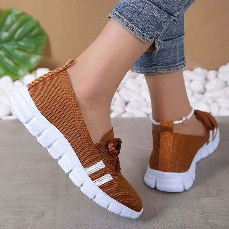 Hnewly Mesh Knitted Striped Flats Shoes for Women Summer Lace Up Casual Sneakers Woman Breathable Soft Sole Loafers Plus Size 43