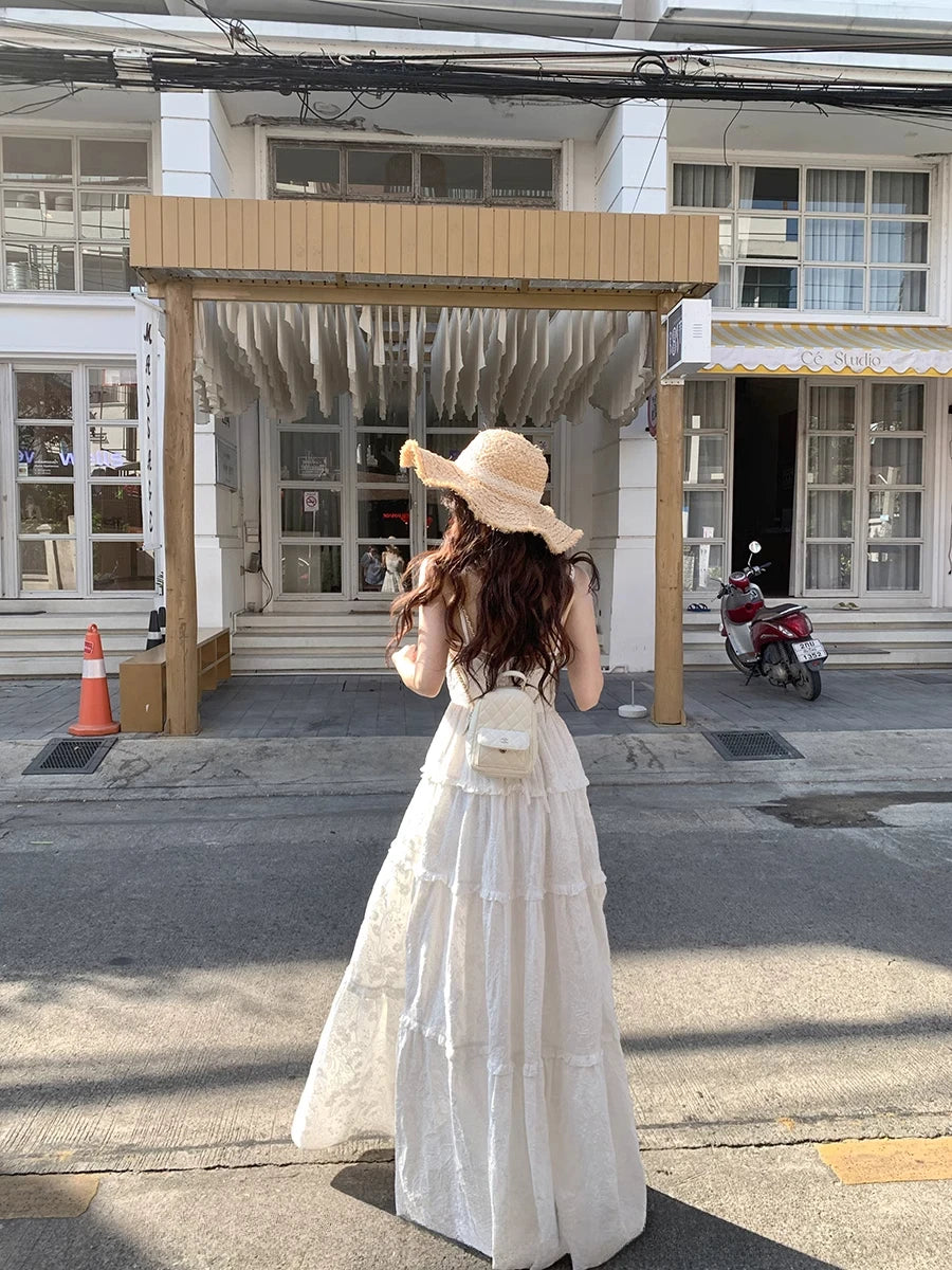 Hnewly Design V-Neck Strap Midi Dress Women Beacy Style Summer One Piece Dress Korean Fashion Clothing Elegant Vintage Dress Chic Y2k