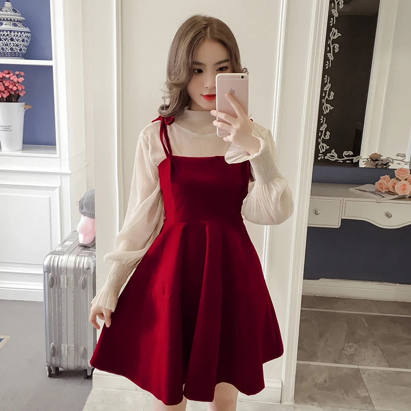 Hnewly Spring New Elegant Two Piece Dress for Women Women Winter Korean A-Line O-Neck Tops and Black Sundress Streetwear Dress Vestidos