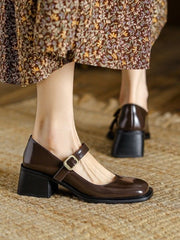 Hnewly Autumn Solid Medium Heels Sandals Office Ladies Buckle Casual Korean Style Pumps Non Slip Soft Elegant Shoes Woman Vintage