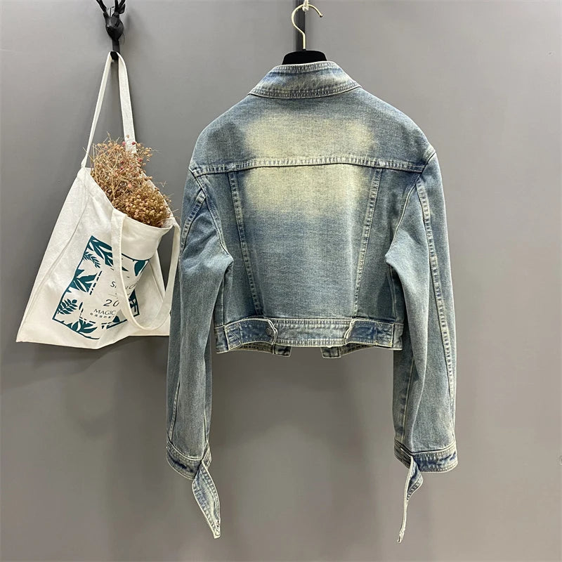 Hnewly  Women Standing Collar Denim Short Jacket Washed  Polished White Retro Motorcycle Outwear Spring Fashion Slim Long Sleeved Top