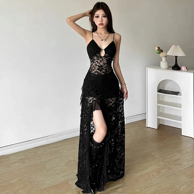 Hnewly Gothic Lace Camis Dress for Women Summer Sexy Hollow Out Patchwork Split Midi Dress Y2K Streetwear Slim Irregular Party Vestidos
