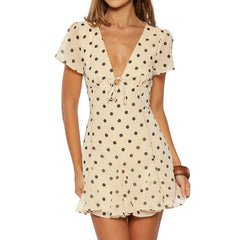 Hnewly  Women's Elegant Short Sleeves Mini Dress Summer Vintage Dot Print Bow Tied Front V-Neck Ruffle Hem A-Line Party Dress