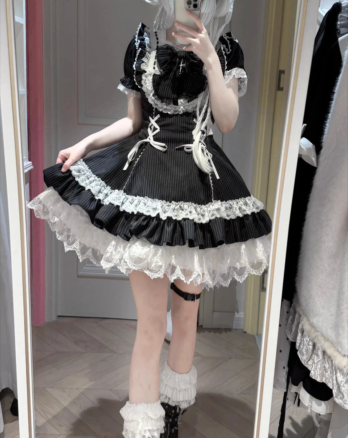 Hnewly  Lolita Style Cosplay Cute Short Sleeve Dress OP Original Summer New Bow Lace Stitching Girl's Women's Kawaii Striped Dress Set