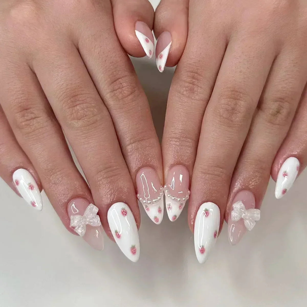 Hnewly 24Pcs Almond False Nails Cute Strawberries with French Design Simple White Wearable Fake Nails Decoration Press on Nail Tips Art