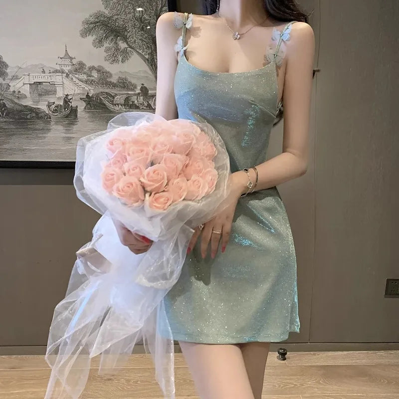 Hnewly  Mini Dresses Women Butterfly Sleeveless Slash Neck Backless Bandage Slim Elegant Party Temperament Dress Female Fashion