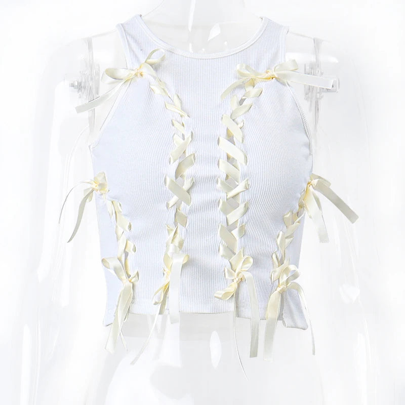 Hnewly Aesthetic Bow Cross Bandage Crop Top Women O Neck Sleeveless Ribbed Kawaii T Shirt Fashion Streetwear Cute Slim Vest