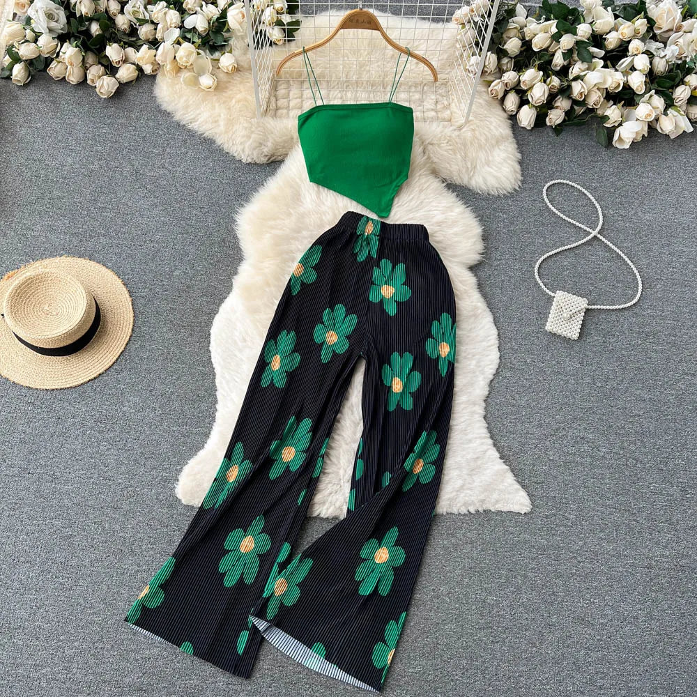 Hnewly Summer Spaghetti Strap Crop Tops and Pantsuit Women Elegant Floral Casual Chic Beach Holiday Outfits Female Sexy 2 Pieces Set