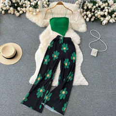 Hnewly Summer Spaghetti Strap Crop Tops and Pantsuit Women Elegant Floral Casual Chic Beach Holiday Outfits Female Sexy 2 Pieces Set