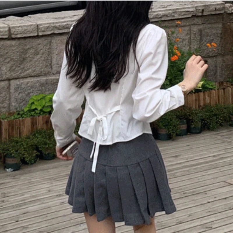Hnewly Preppy Style White Shirts Women Hotsweet Spring Back Bandage Solid Korean Fashion Temperament All-match Sexy Casual Minimalist
