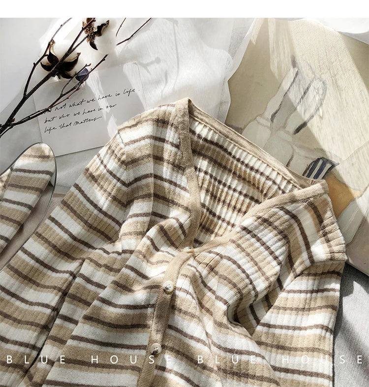 Hnewly  Women's Retro Striped Sweater Korean V-neck Contrasting Spring Autumn Long Sleeved Knitted Cardigan Coat  All-Matchded Loose Top