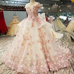 Hnewly  Charming Pink Sweetheart Quinceanera Dresses Off Shoulder Lace Flower Applique Party Princess Ball Gown Vestidos De 15 Años