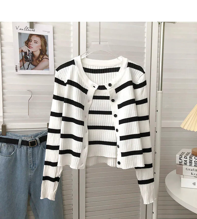 Hnewly  Women's Striped Knitting Cardigan Single Breasted Long Sleeved Sweater+Spaghetti Straps Vest Spring Autumn Korean Top 2pcs