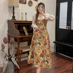 Hnewly  Vintage Spring Autumn Oil painting Embroidery Long Woman French Floral Dress Lace Party Female Print Retro Elegant Fairy