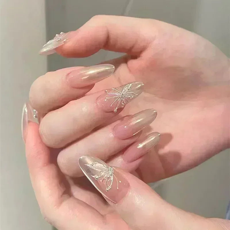 Hnewly 24Pcs False Nails French Gradient Ballet Fake Nails Press on Nails Black Heart Rhinestone Design Glitter Full Cover Nail Tips