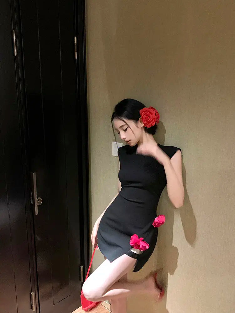 Hnewly  Woman Dress Sexy Sleeveless Flowers Slim Split Vintage Elegant Hollow Out Mini Dresses Party Female Fashion Club
