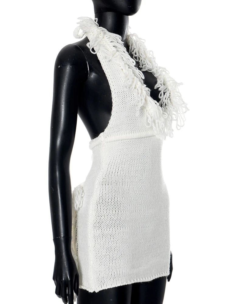 Hnewly Crochet Halter Dress Women Low-Neck Bandage Backless Stretch Tassel Skinny Sleeveless Street Elegant Mini Bodycon