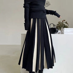 Hnewly  Fashion Black White Patchwork Skirts Woman Korean Elastic Waist Knitted Pleated A Line Skirt Lady Loose High Waist Maxi Skirts