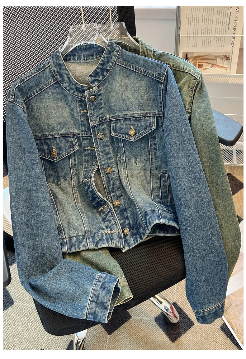 Hnewly  Fashion Denim Jacket Loose Casual Retro Jeans Short Coat Women's Spring Autumn Elegant Korean Standing Collar Long Sleeve Top