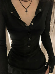 Hnewly  Simple V-neck Single Breasted Tops Mujer Y2k Slim Fit Long Sleeve Tee Shirt Early Autumn New All-match T-shirt for Women