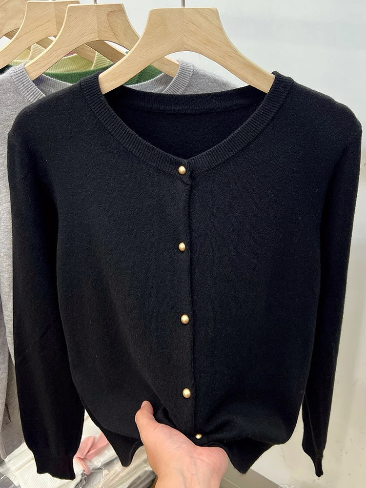 Hnewly  Gold Button Long Sleeve Sweaters Cardigan for Women Spring Autumn O-Neck Button-up Knit Jacket Tops Knitwear Basic Tops