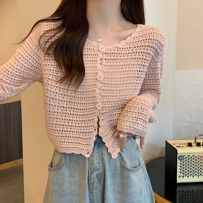 Hnewly  Women Button Up Short Cardigan Knitted Shirt Hollow Out Crochet Crop Top Long Sleeved Thin Cover Up Teen-girl Casual Outfit